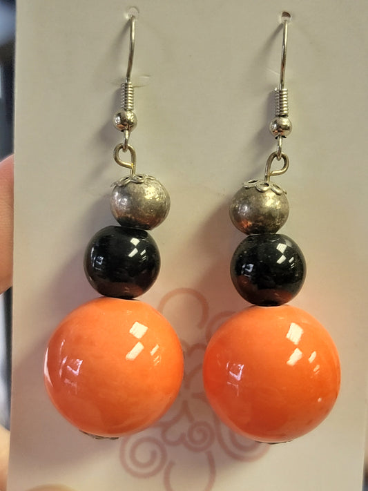 Orange Ceramic & Black Glass Bead Earrings - One of a kind