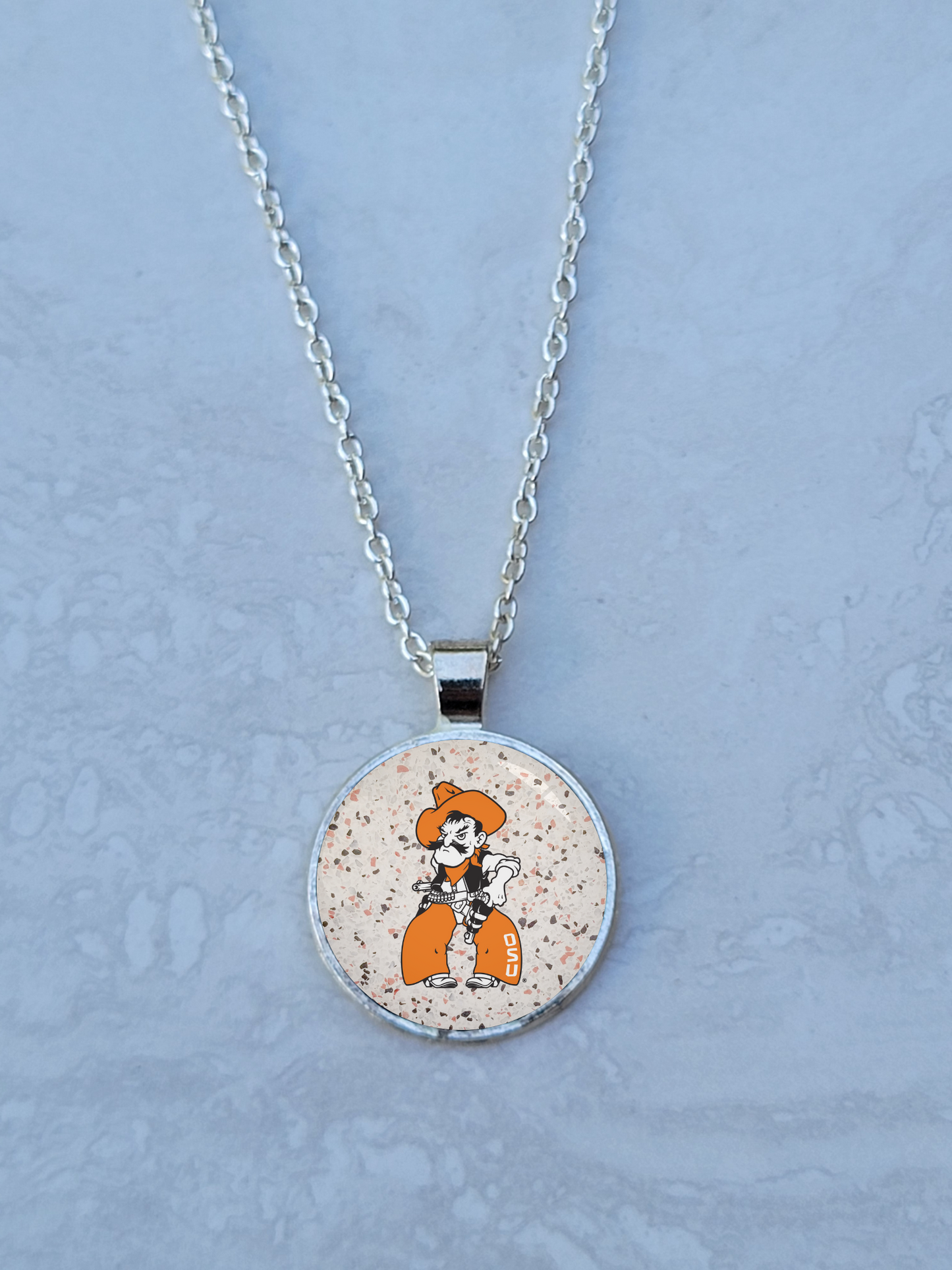 OSU, Speckled, Silver 1" Round Necklace - Made to order - Custom Length