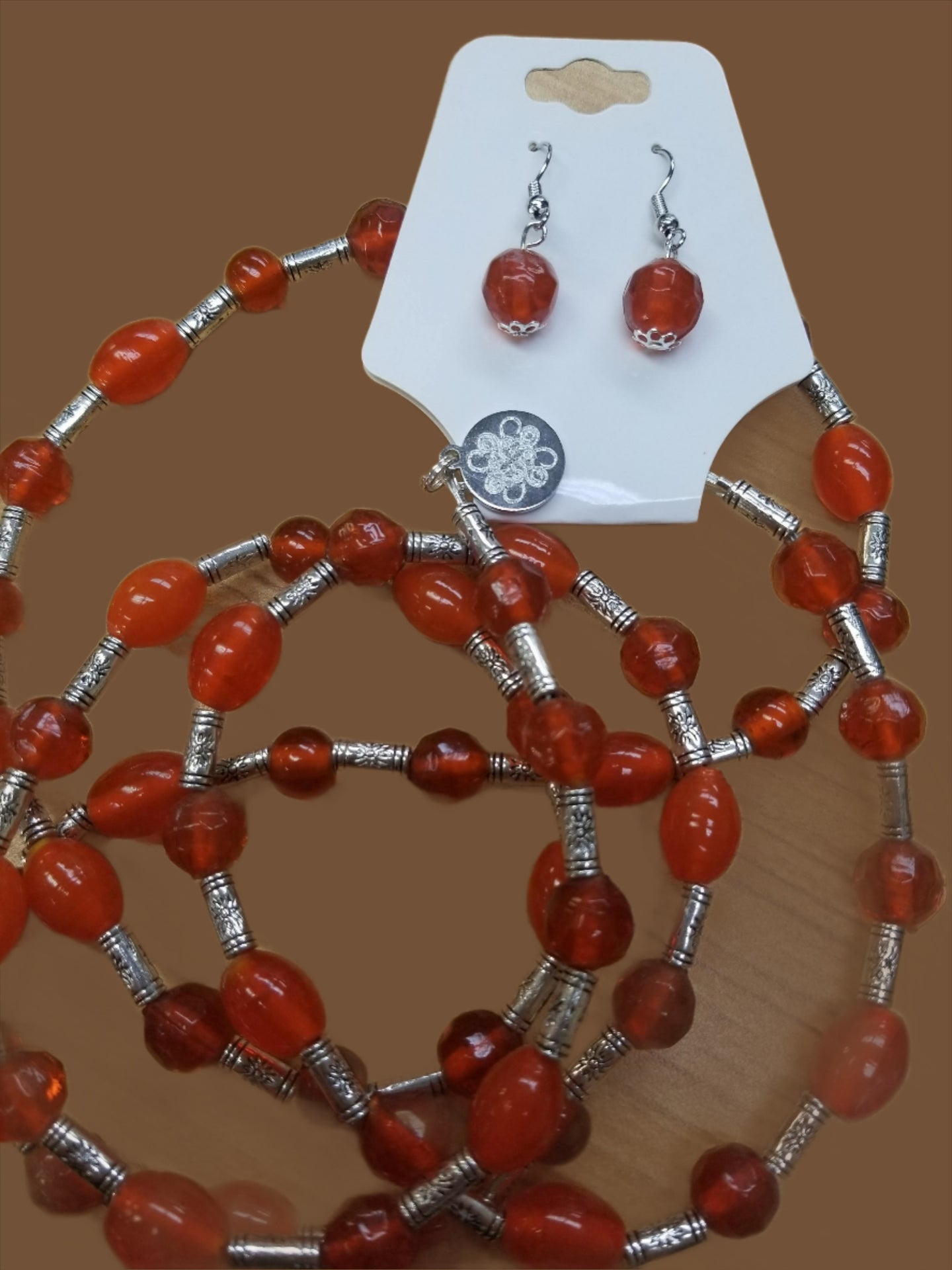Silver & Orange Long Necklace Set
