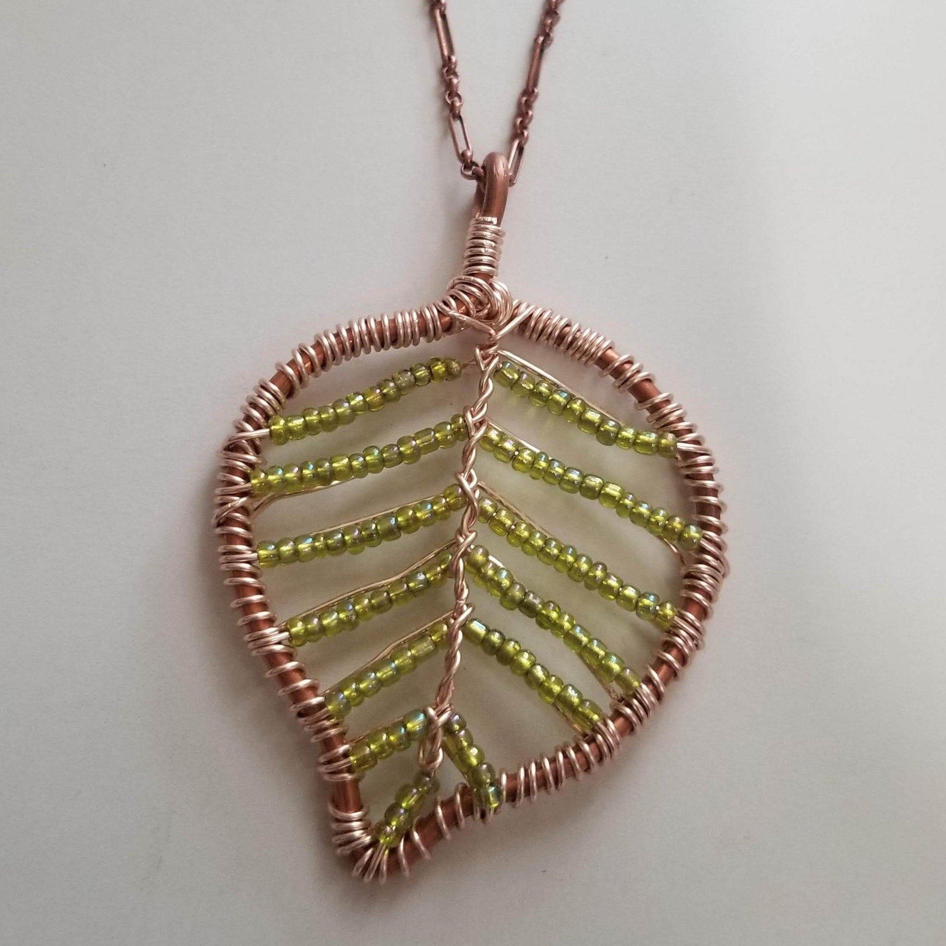 Copper Leaf Pendant Necklace - Light Green - DearBritt