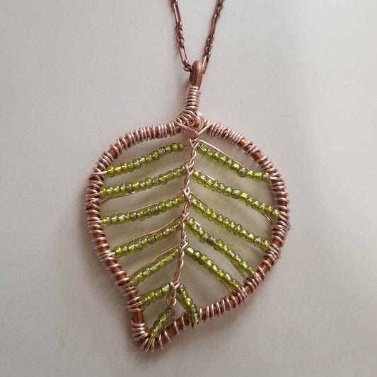 Copper Leaf Pendant Necklace - Light Green - DearBritt