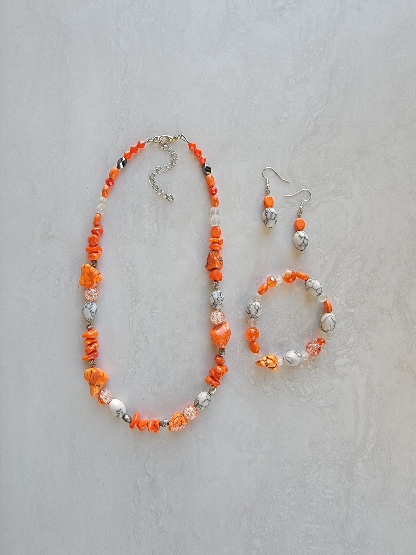 Orange & Gray Stone Jewelry Set - Matching Necklace, Bracelet & Earrings