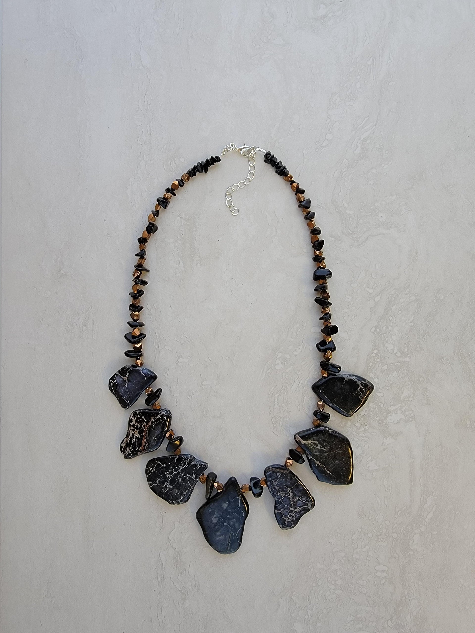 Black & Gold Stone Necklace - Adjustable Clasp - One Of A Kind