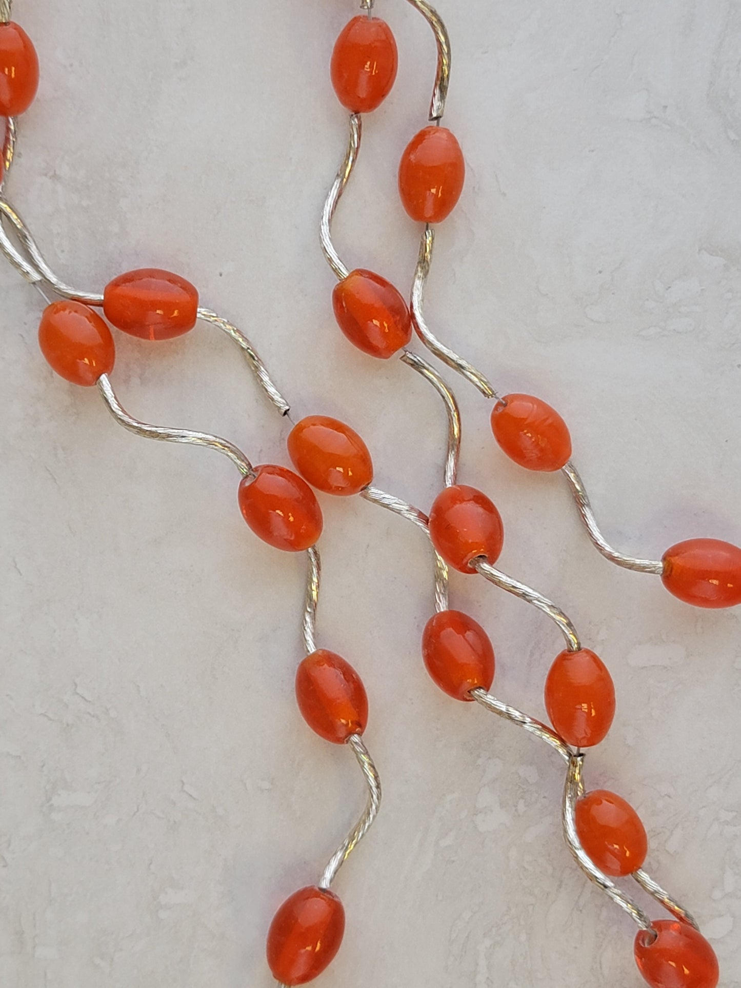 Orange Silver Twist Long Necklace Set - Matching Earrings