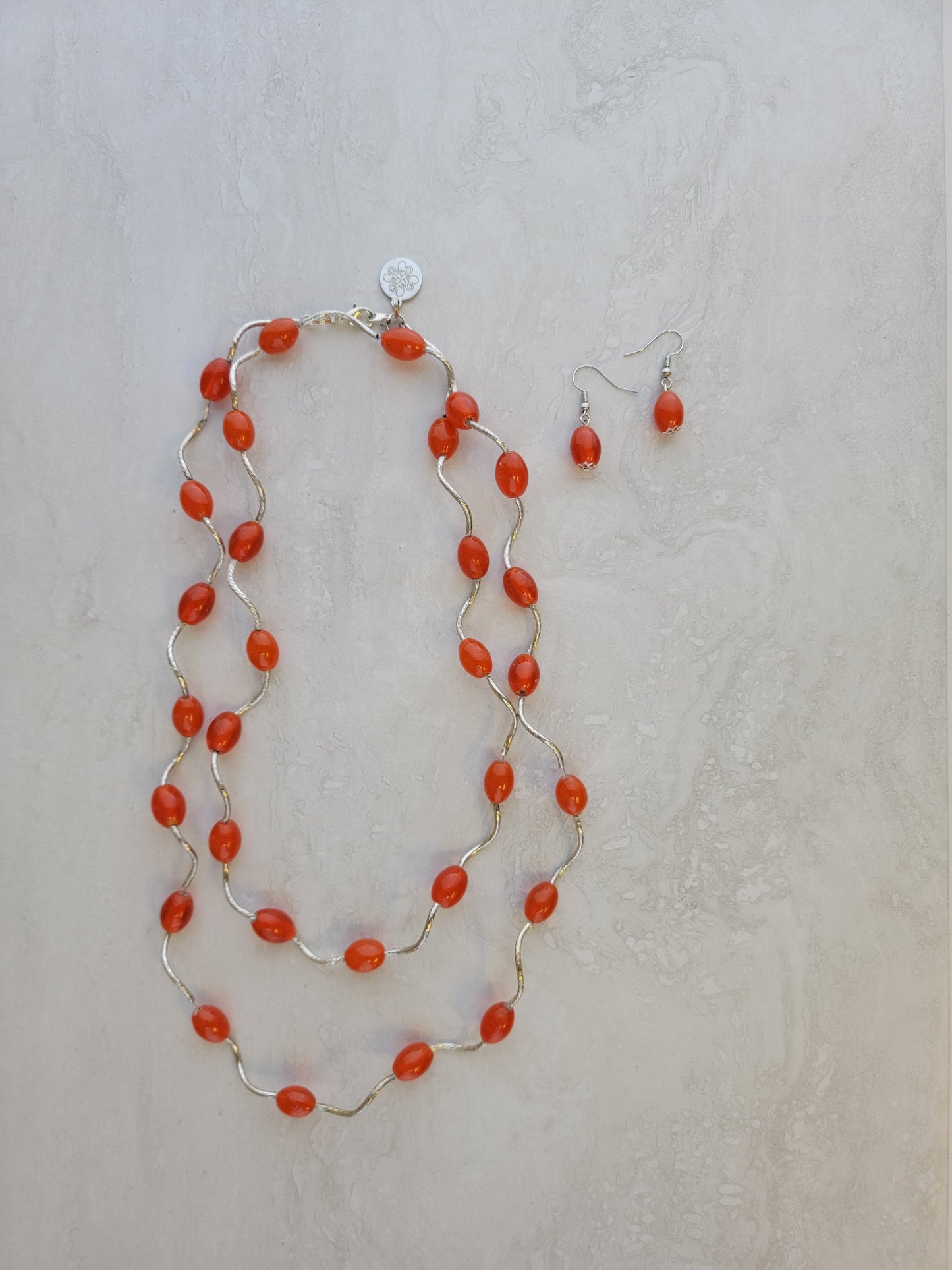 Orange Silver Twist Long Necklace Set - Matching Earrings