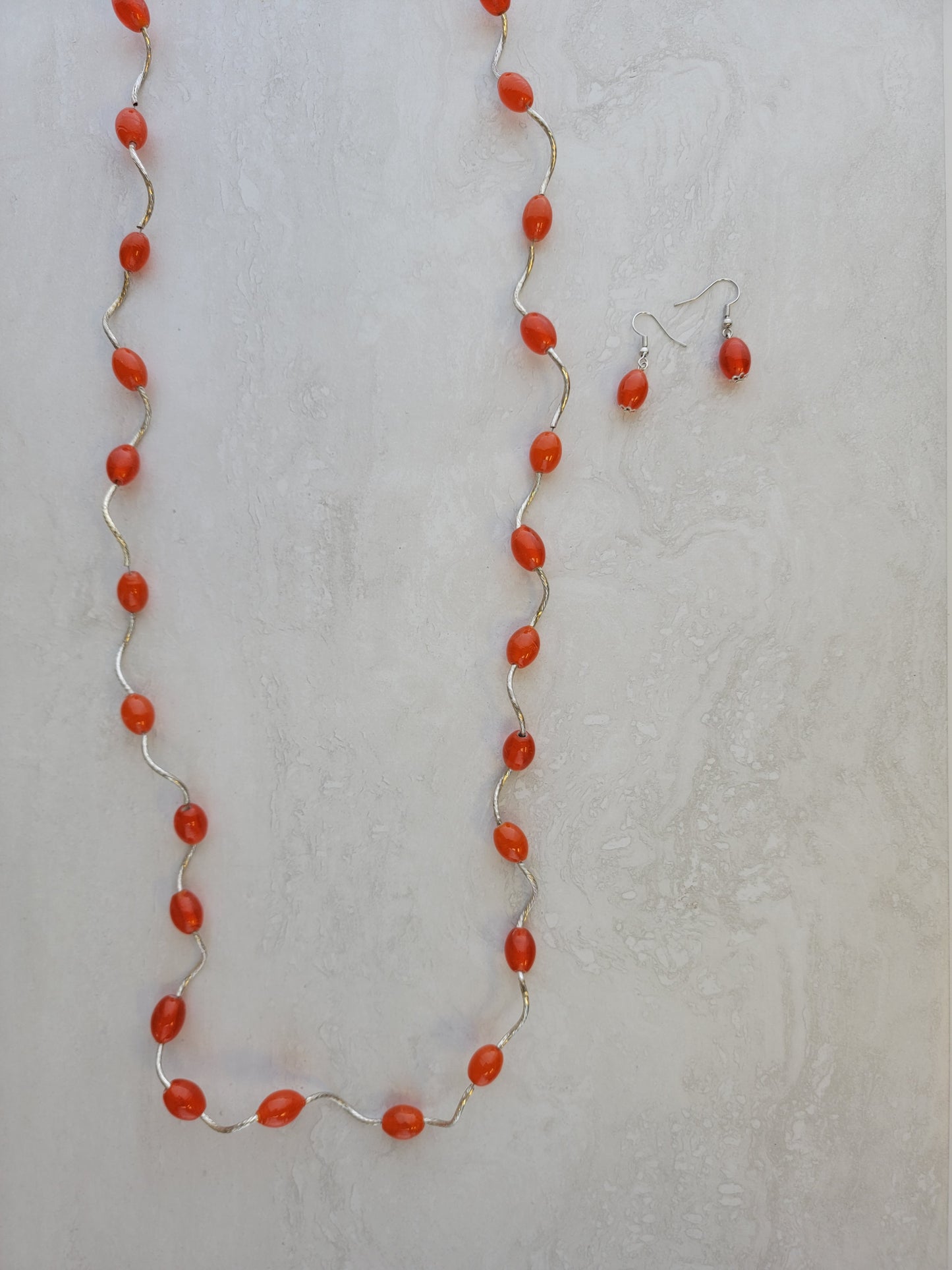 Orange Silver Twist Long Necklace Set - Matching Earrings