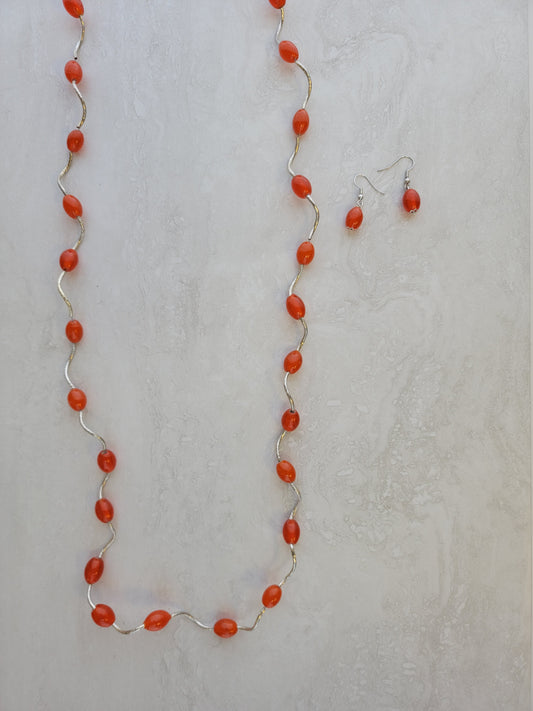 Orange Silver Twist Long Necklace Set - Matching Earrings