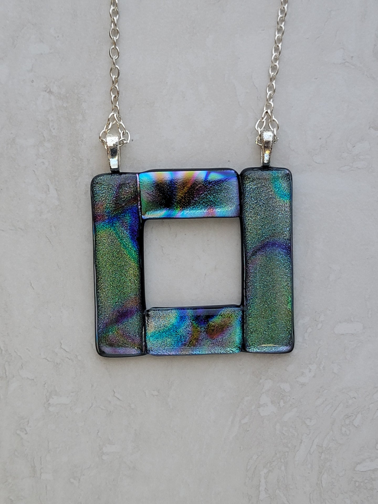 Square Dichroic Fused Glass Pendant Necklace - Rainbow Of Colors - Silver Plated Chain & Clasp - Handmade Pendant by KM - One Of A Kind Necklace