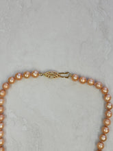 Orange Pearl Necklace - Handtied Freshwater Pearls - Gold Plated Hook Clasp - Peach Silk
