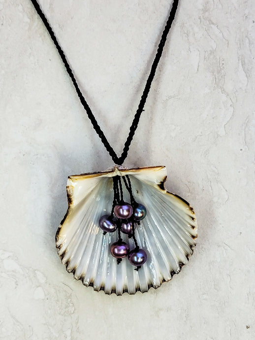 Purple Pearl Shell Necklace - Black Silk - One Of A Kind