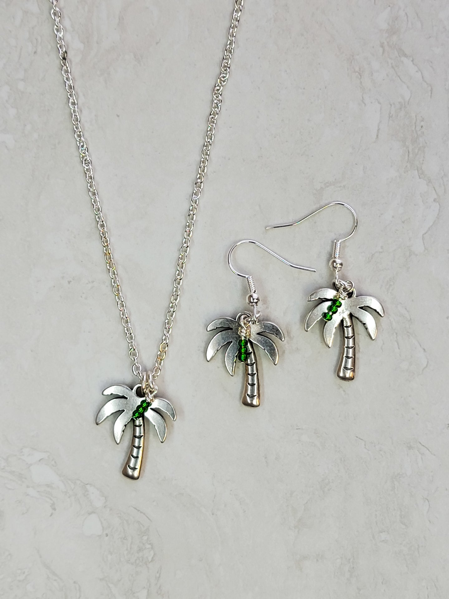 Palm Tree & Green Seed Bead Jewelry Set - Silver - Matching Necklace & Earrings - One Of A Kind