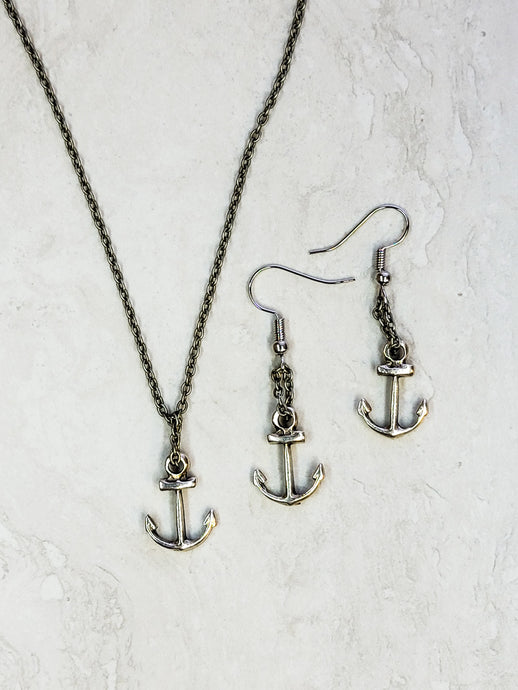 Anchor Jewelry Set - Silver - Matching Necklace & Earrings - One Of A Kind