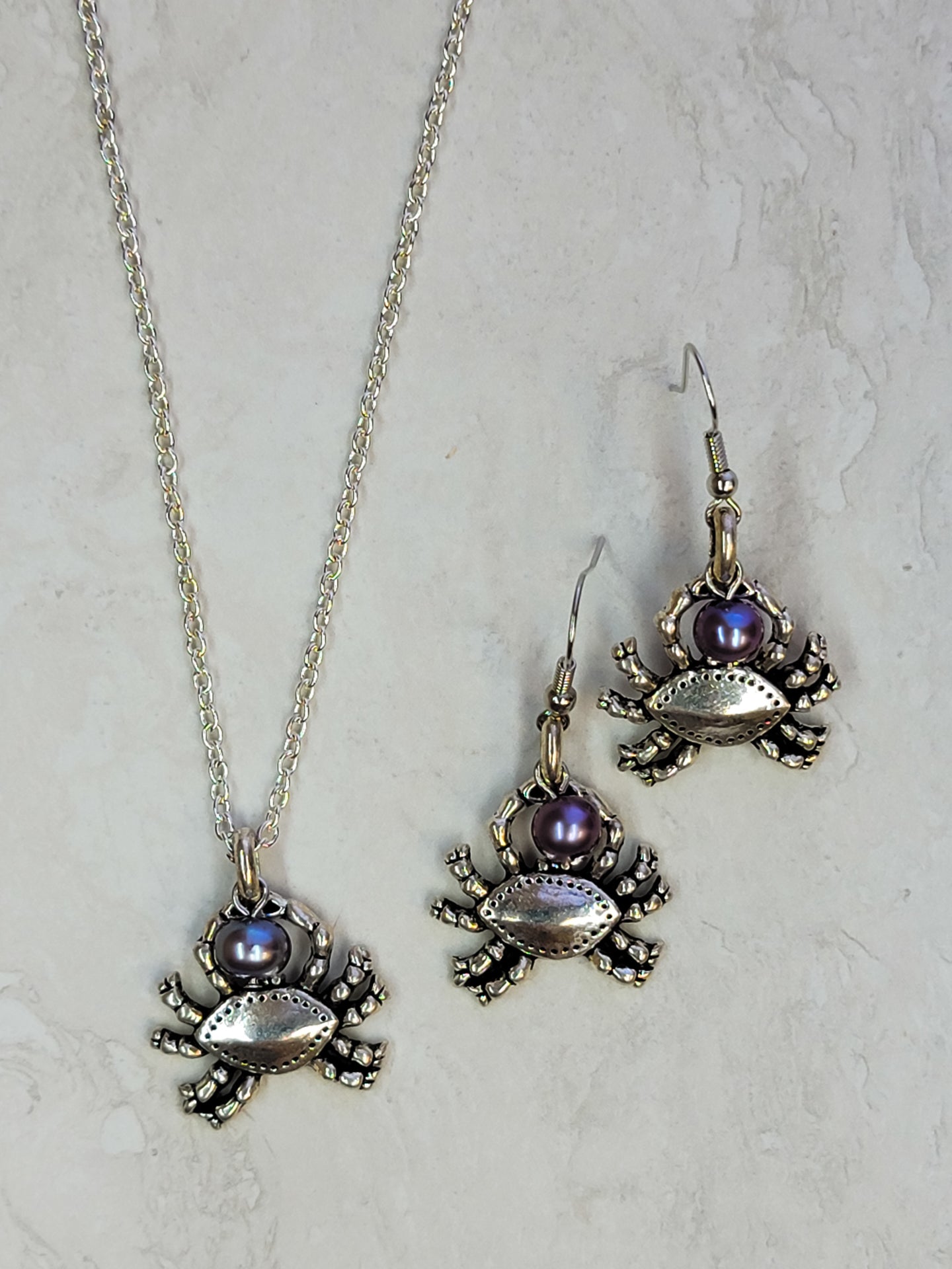 Crab & Pearl Jewelry Set - Silver - Matching Necklace & Earrings - One Of A Kind