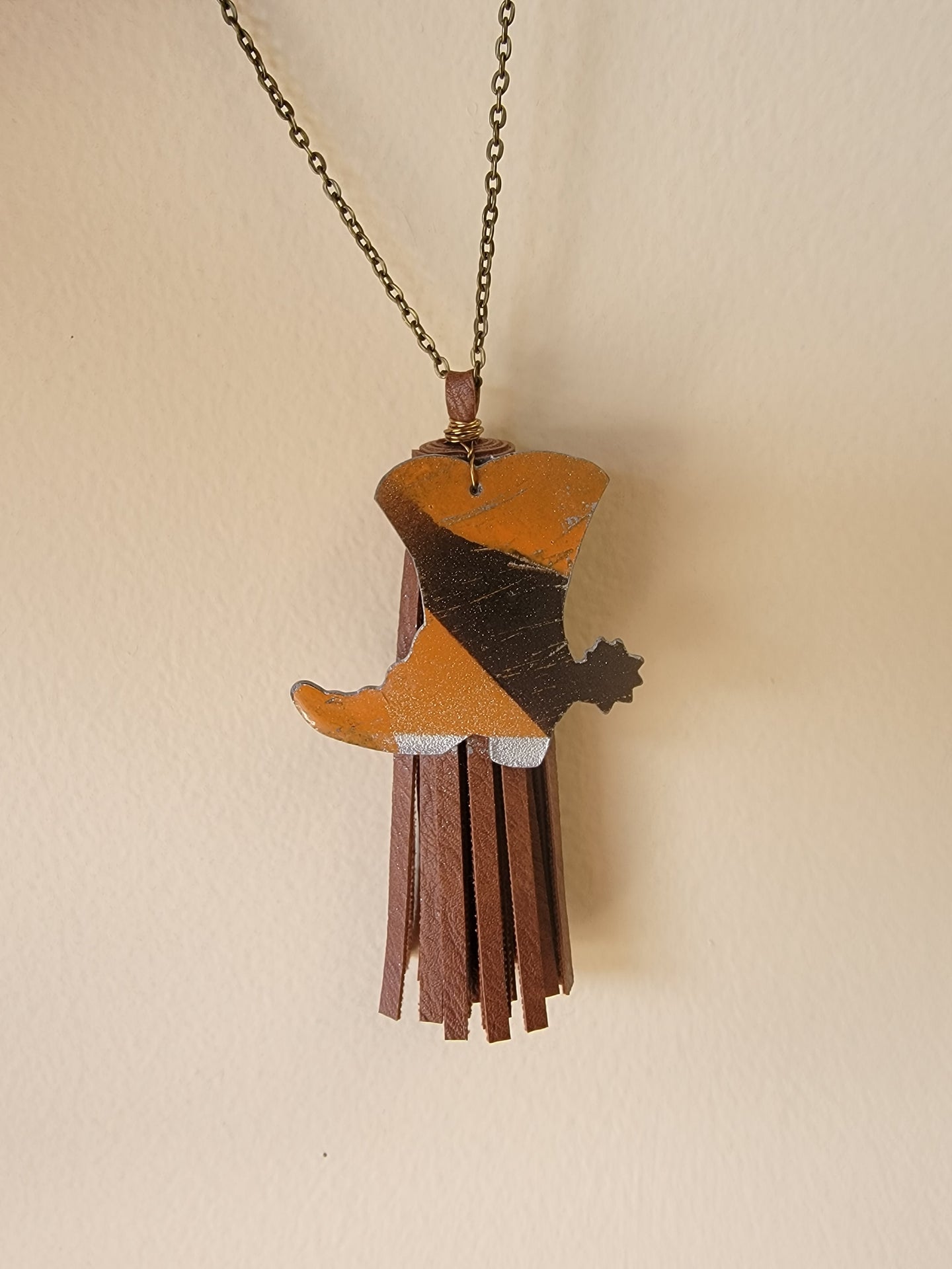 Brown Tassel & Hand Painted Boot Pendant Necklace - Antique Brass