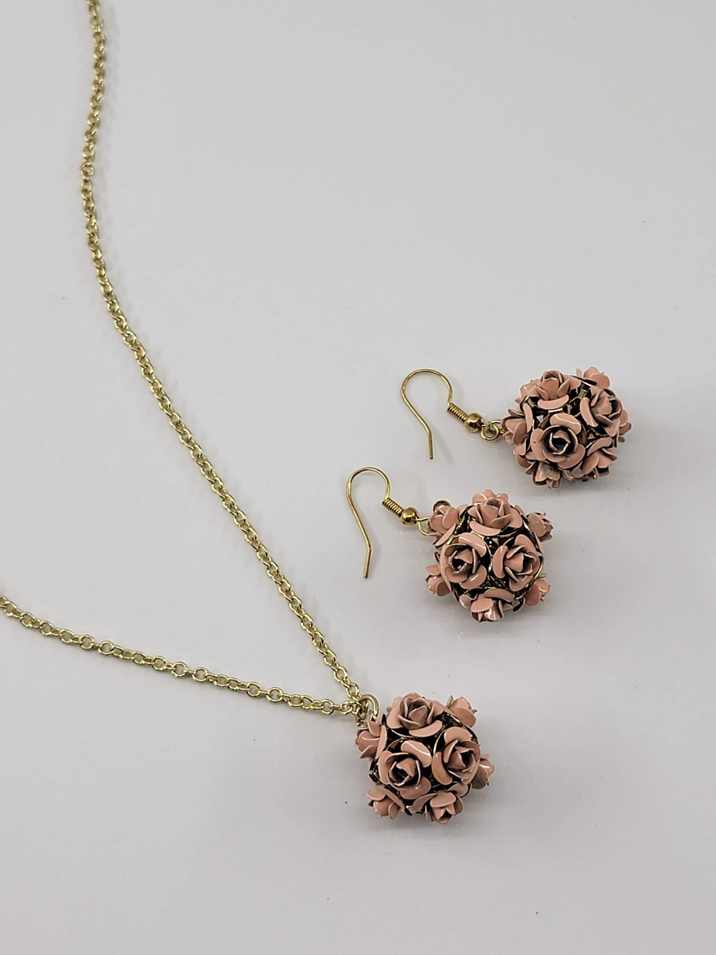 Pink Rose Jewelry Set - Matching Necklace & Earrings