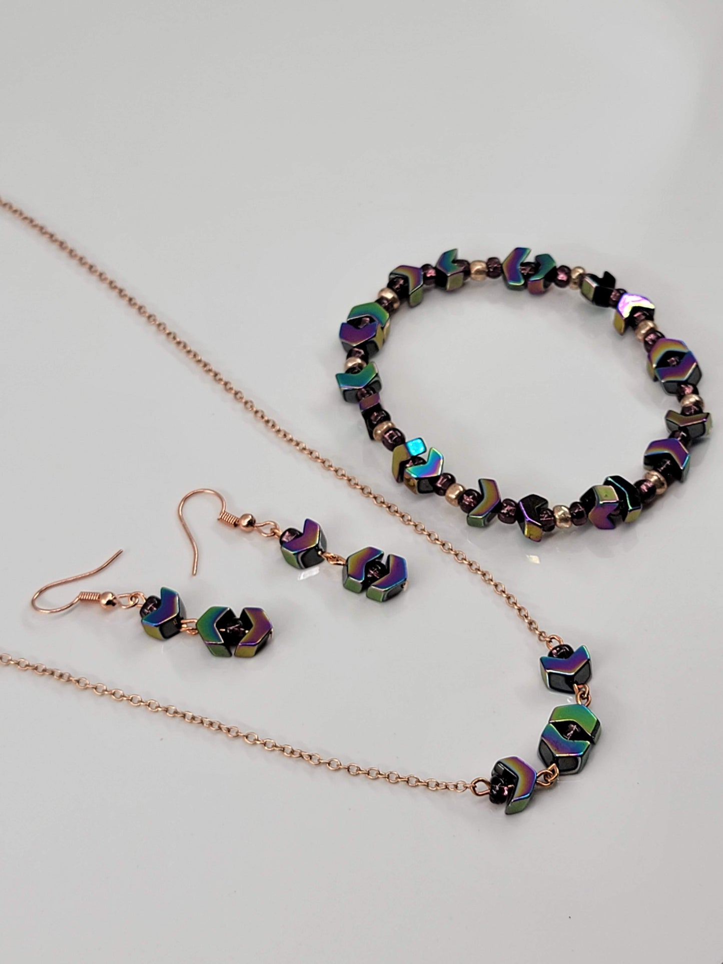 Multicolor Metal & Rose Gold Jewelry Set - Matching Necklace, Bracelet & Earrings