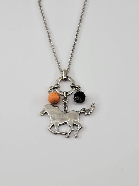 Silver Horse Necklace - Orange & Black Charm