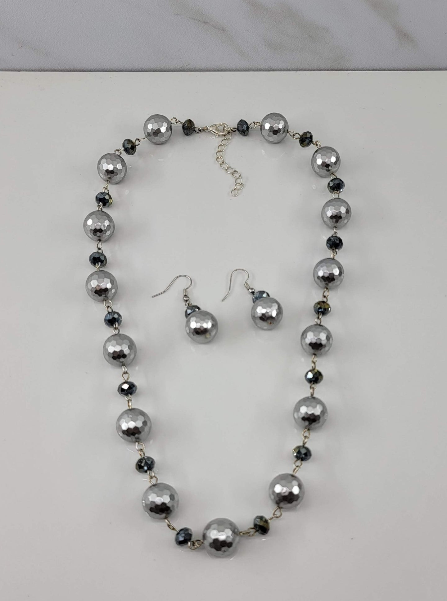 Silver Disco & Black Crystal Jewelry Set - Matching Necklace & Earrings