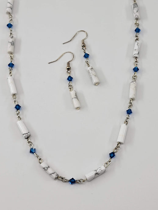 White Stone & Blue Crystal Jewelry Set - Matching Necklace & Earrings