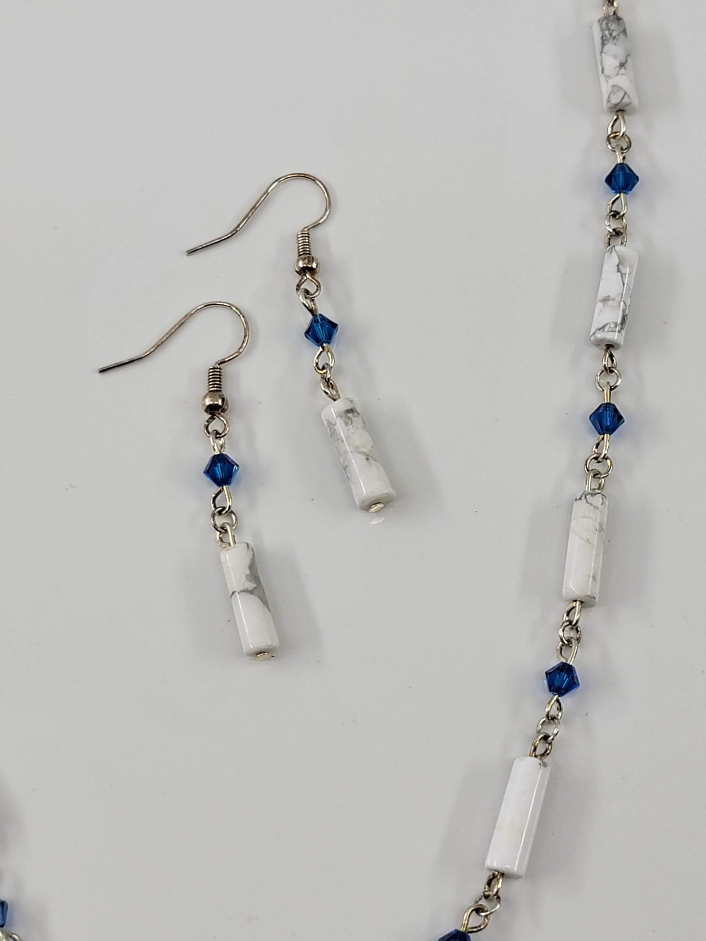 White Stone & Blue Crystal Jewelry Set - Matching Necklace & Earrings