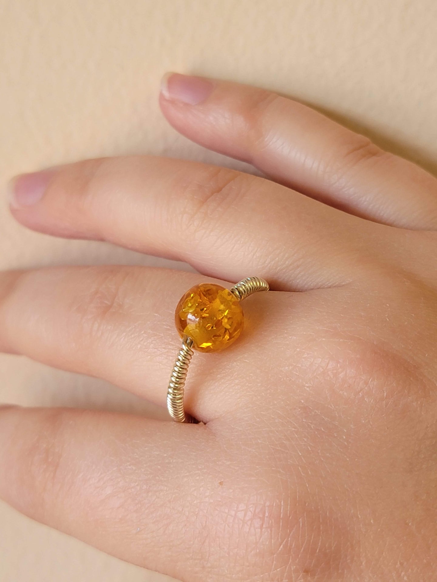 Silver Wire Wrapped Ring - Orange Amber