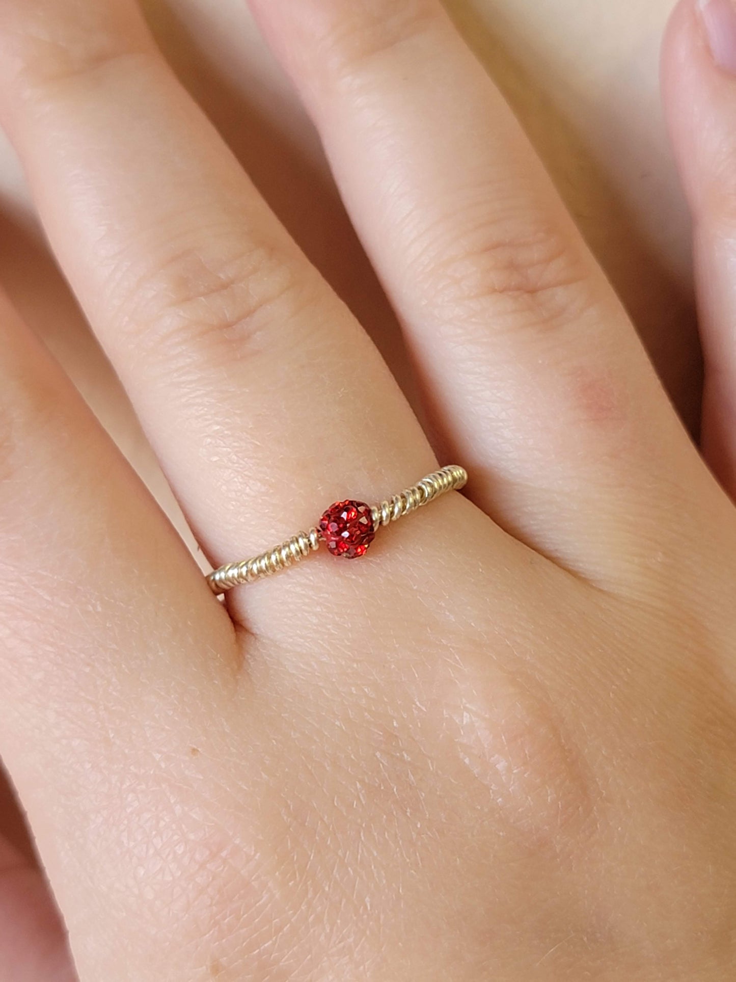 Silver Wire Wrapped Ring - Tiny Red Sparkle