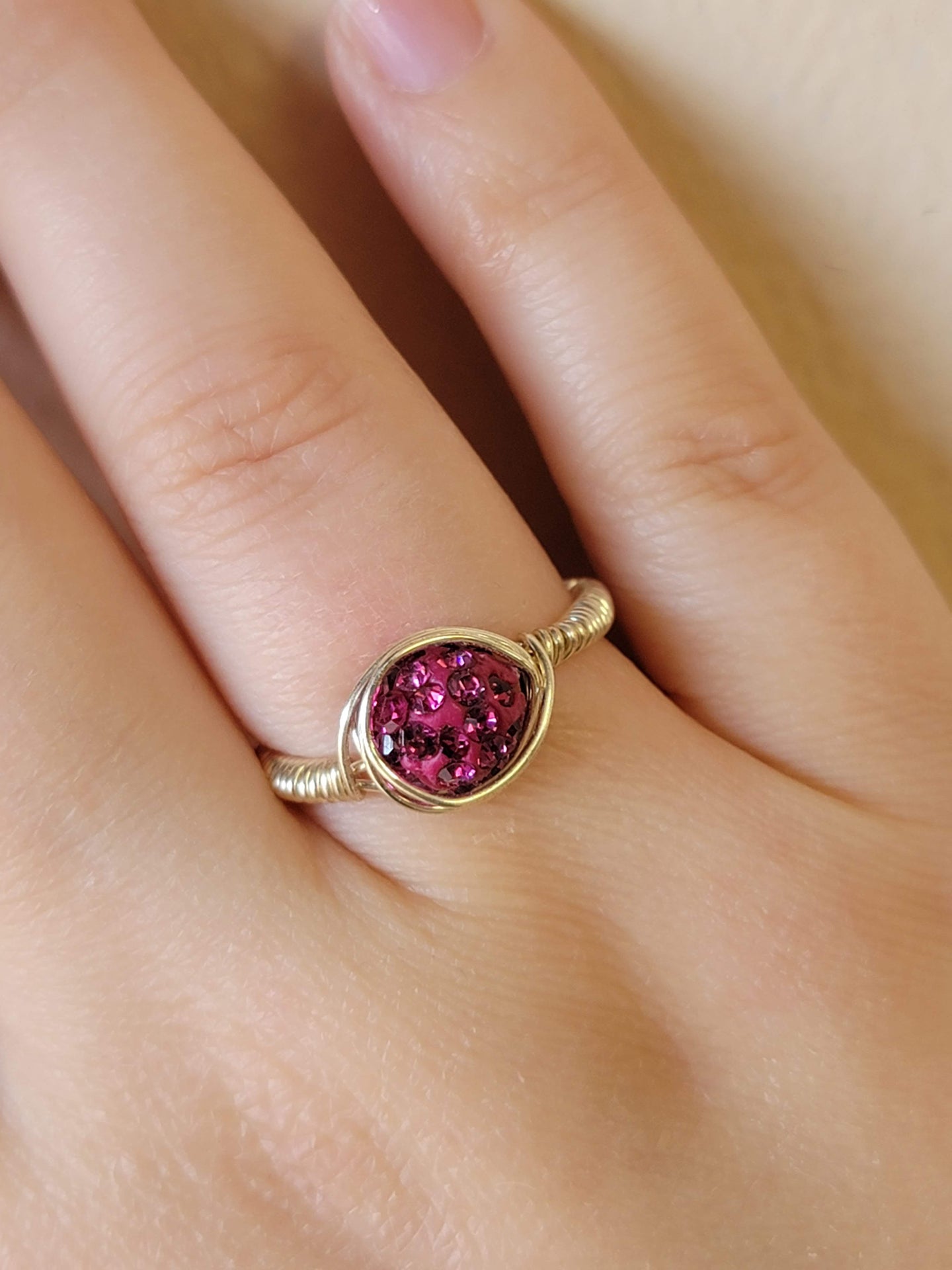 Silver Wire Wrapped Ring - Fuchsia Sparkle