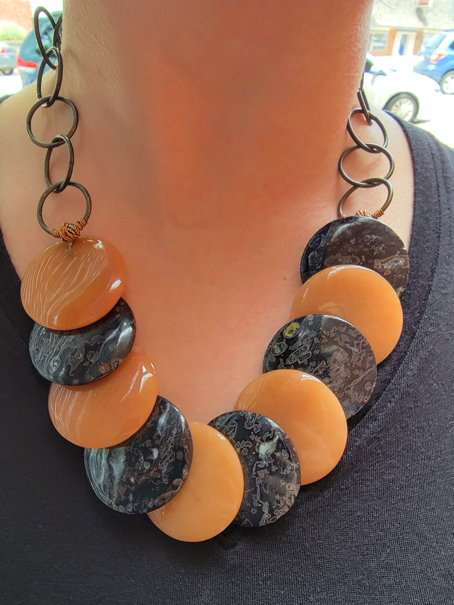 Orange & Black Disc Necklace - One of a kind