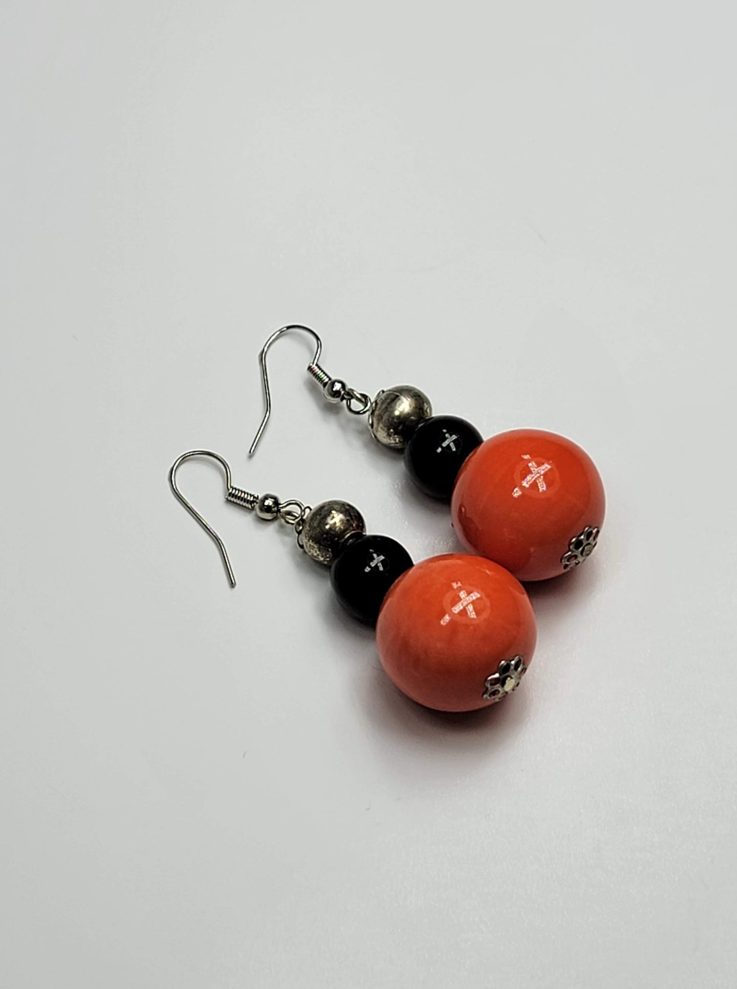 Orange Ceramic & Black Glass Bead Earrings - One of a kind
