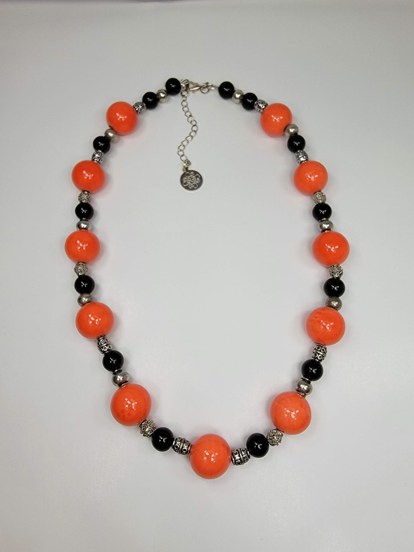 Orange Ceramic & Black Glass Bead Necklace - One of a kind