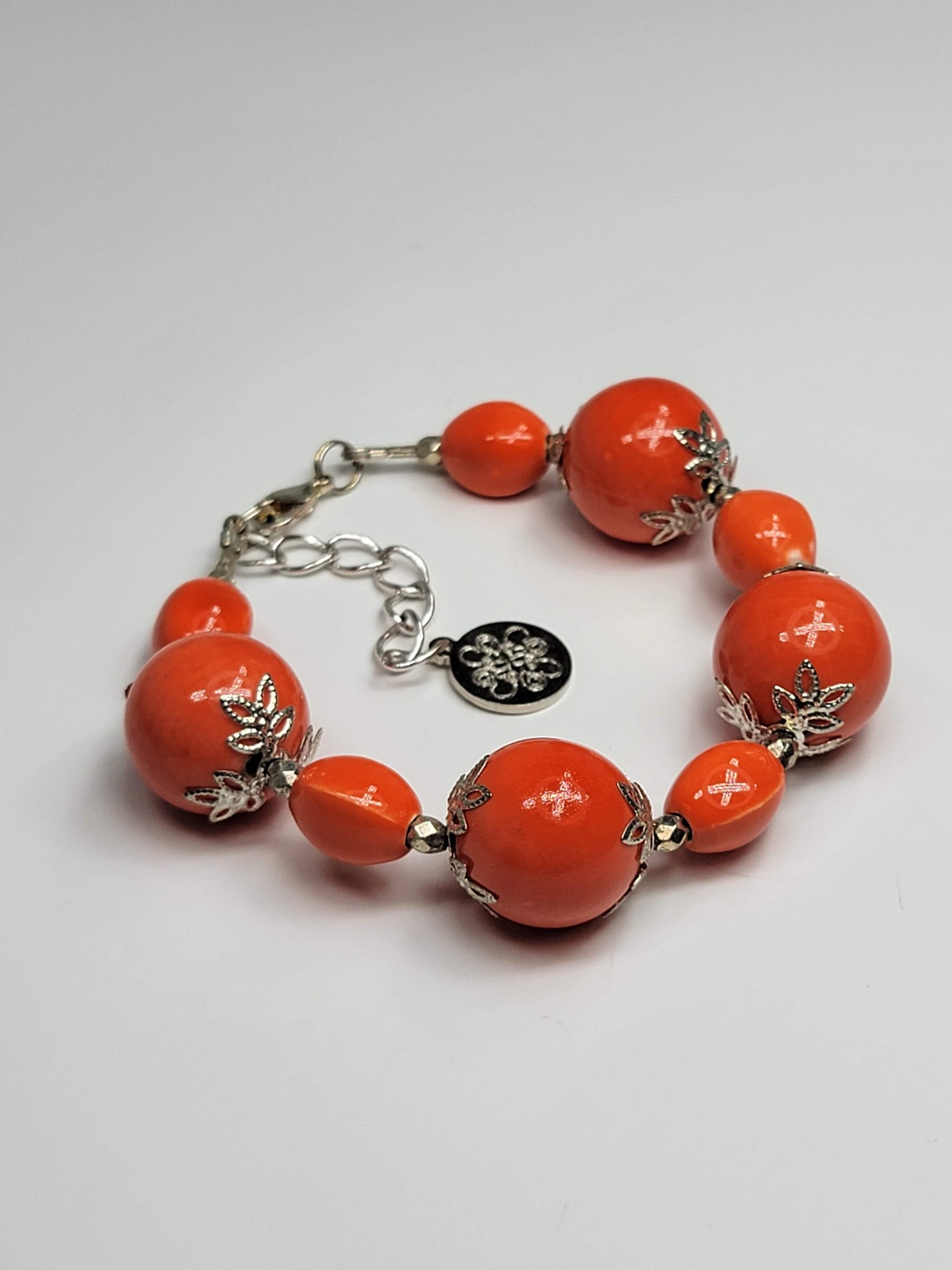Orange & Silver Flower Bracelet - One of a kind