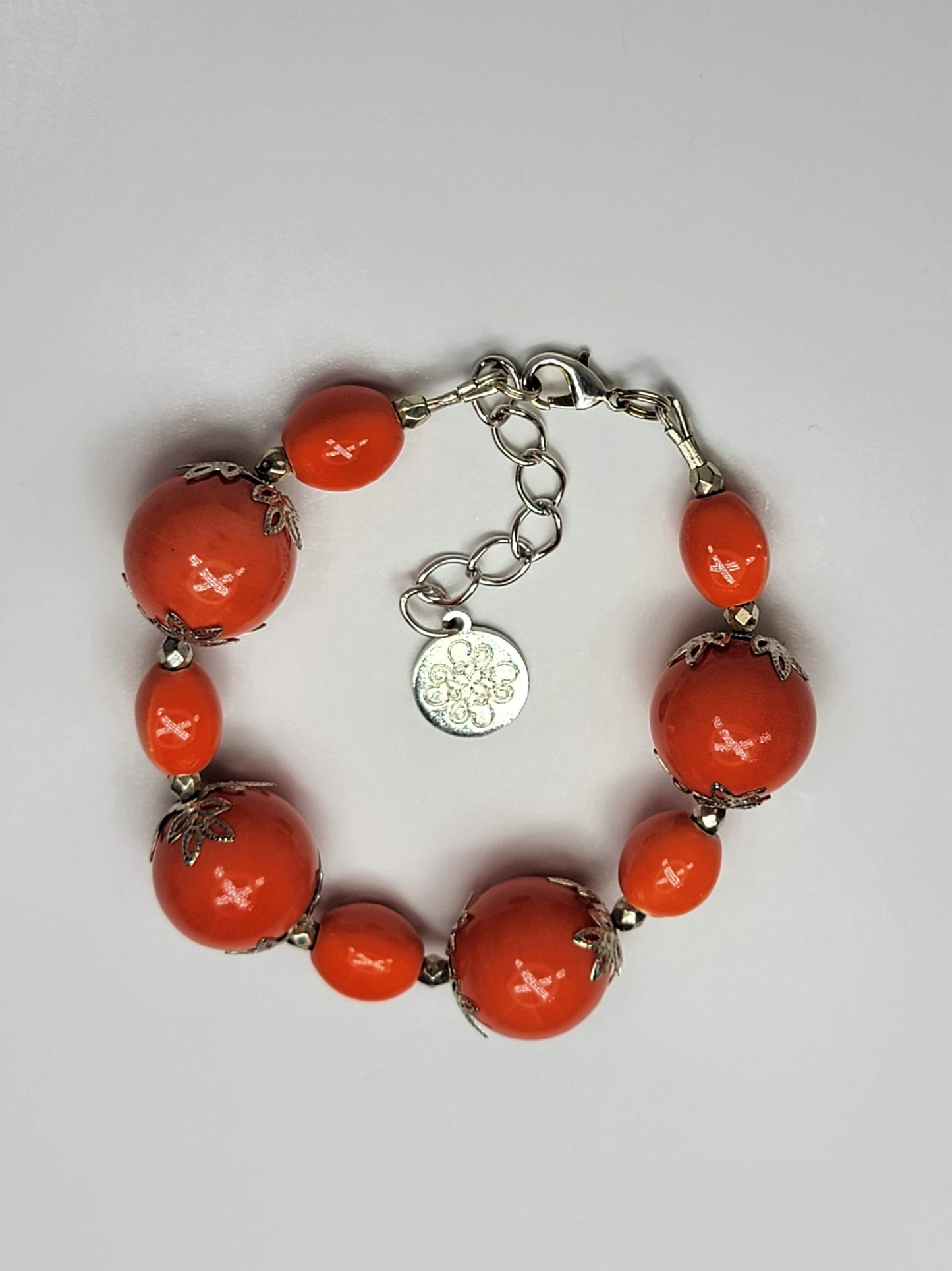 Orange & Silver Flower Bracelet - One of a kind