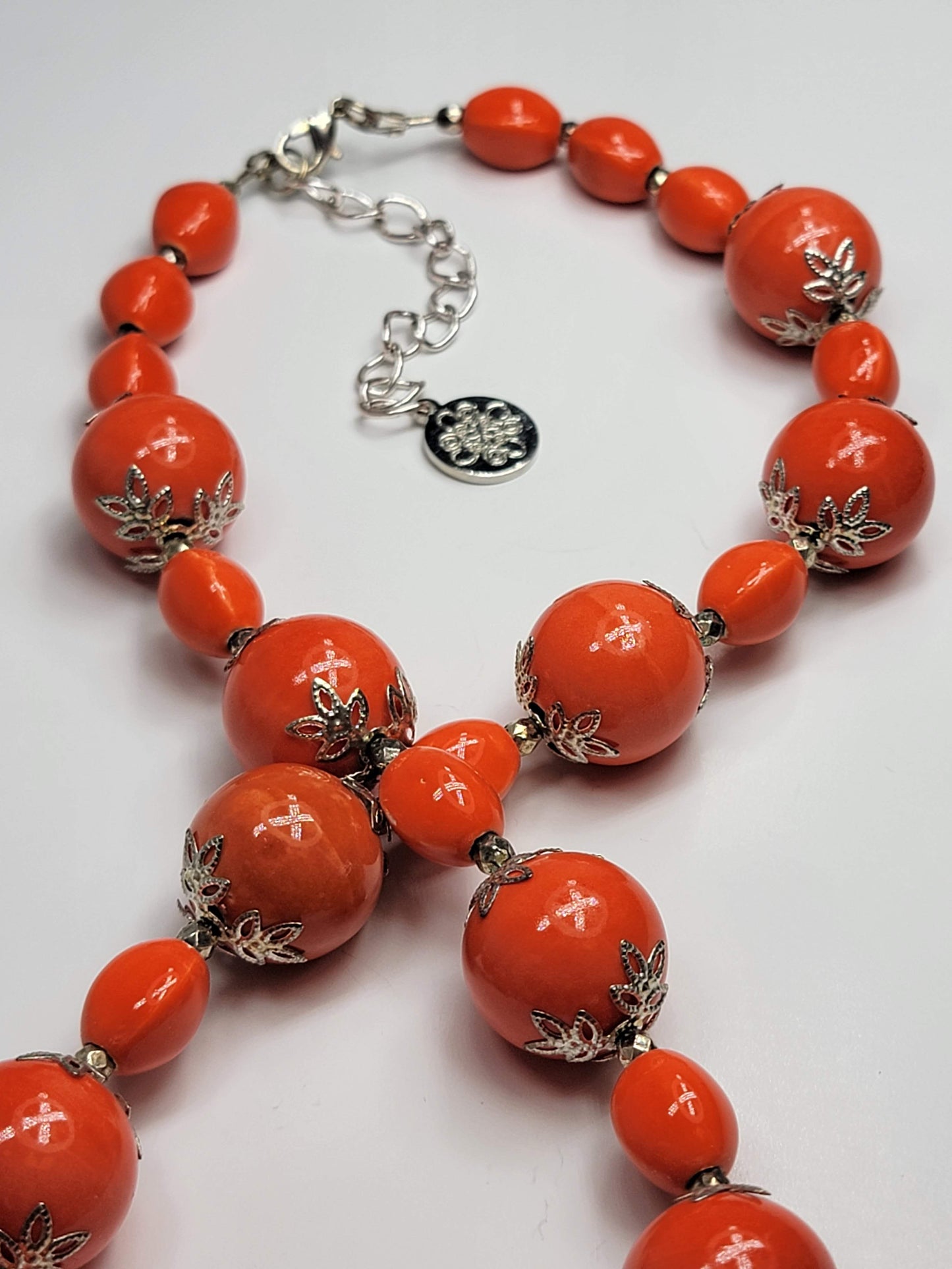 Orange & Silver Flower Necklace- One of a kind