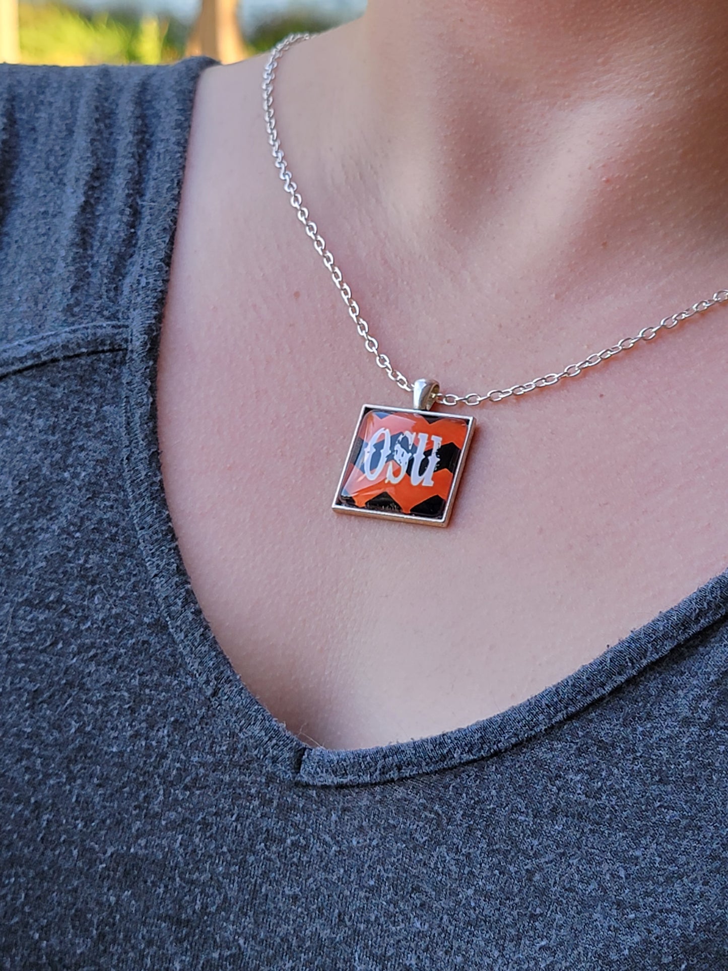 OSU, Chevron, Silver 1" Square Necklace - Made to order - Custom Length