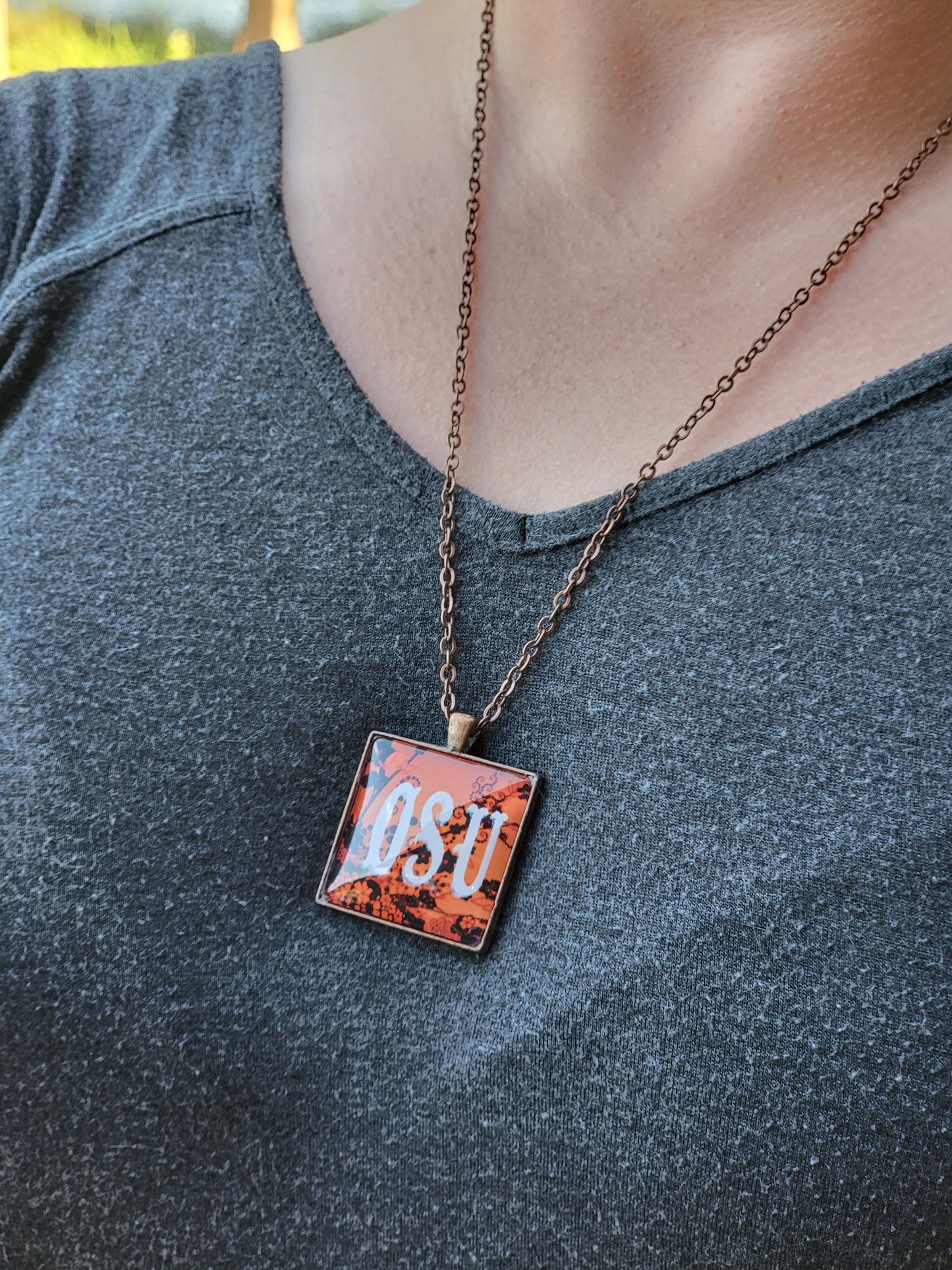 OSU, Floral, Copper 1.5" Square Necklace - Made to order - Custom Length