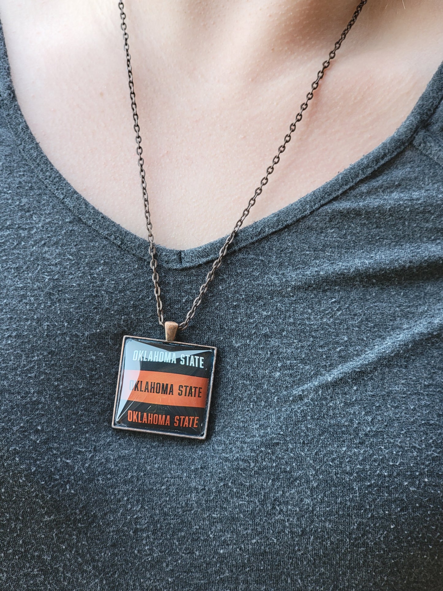 OK State, Copper 1.5" Square Necklace - Made to order - Custom Length