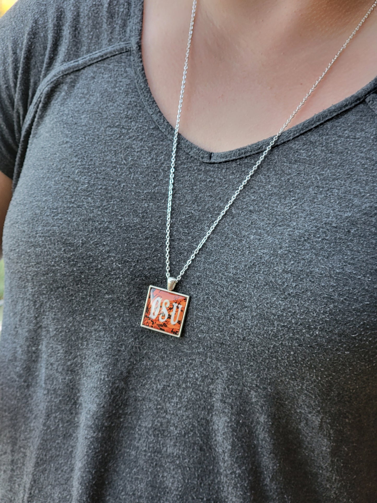 OSU, Orange Floral, Silver 1" Square Necklace - Made to order - Custom Length