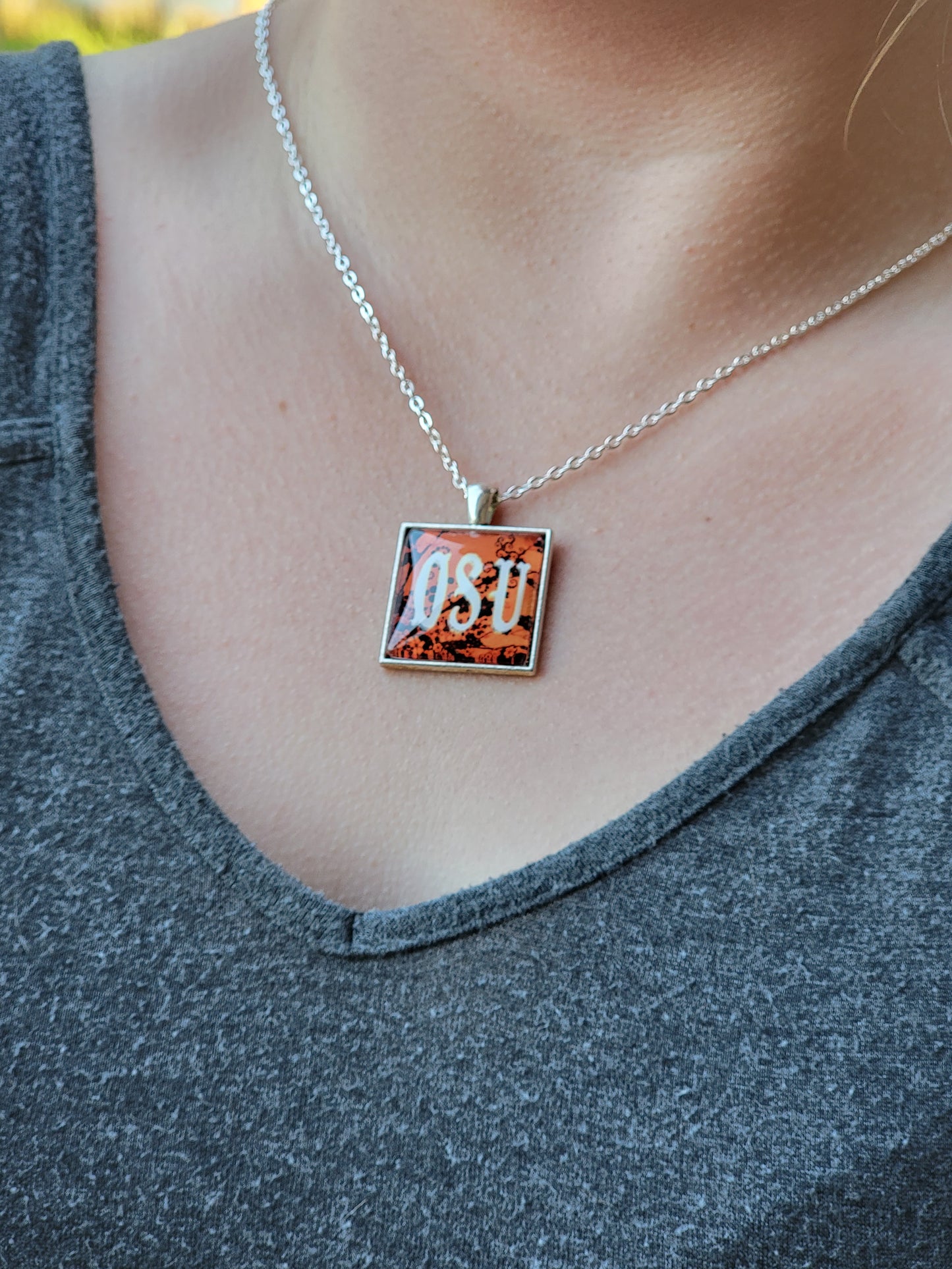 OSU, Orange Floral, Silver 1" Square Necklace - Made to order - Custom Length