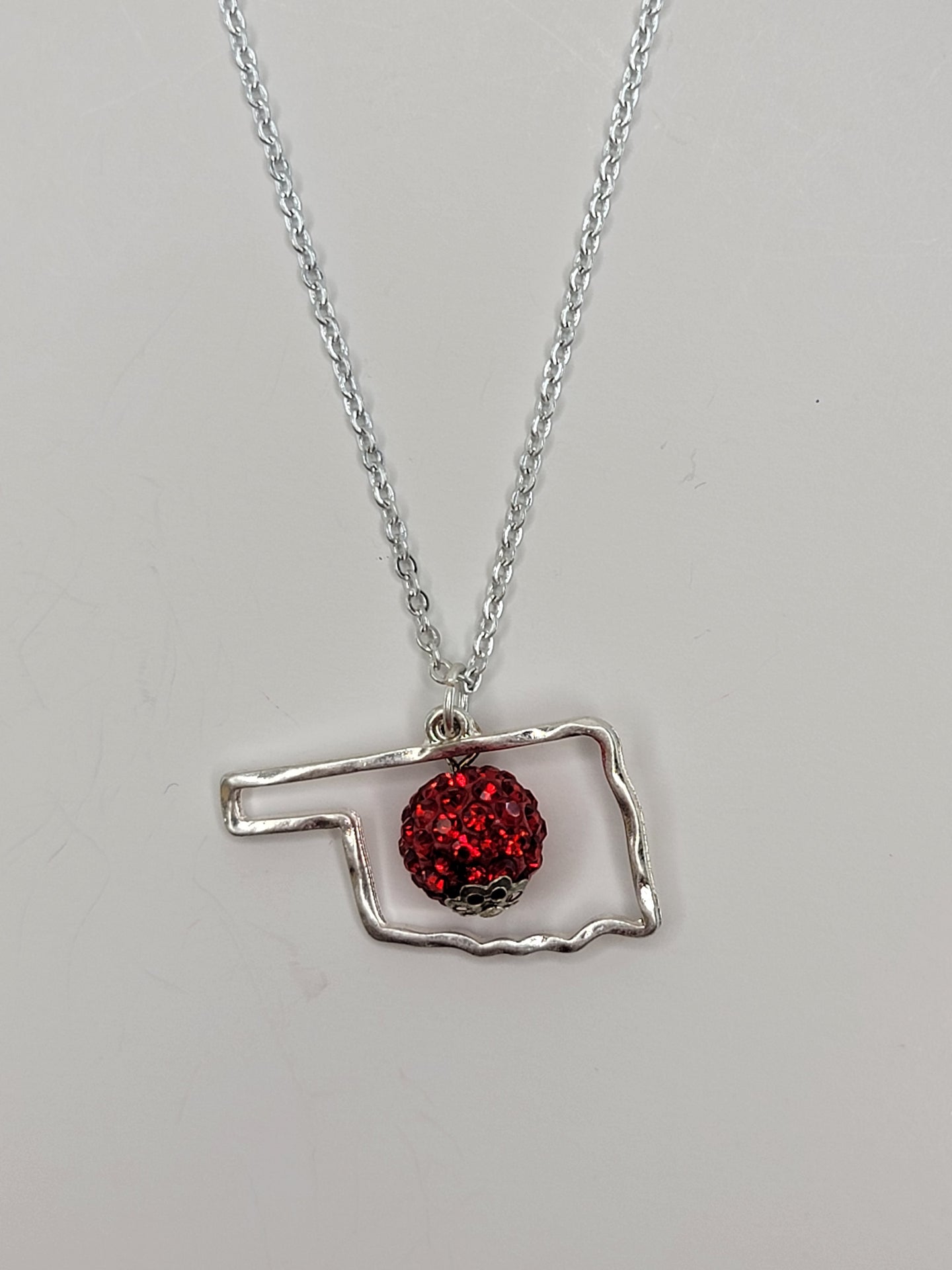 Silver Oklahoma Outline Necklace - Red