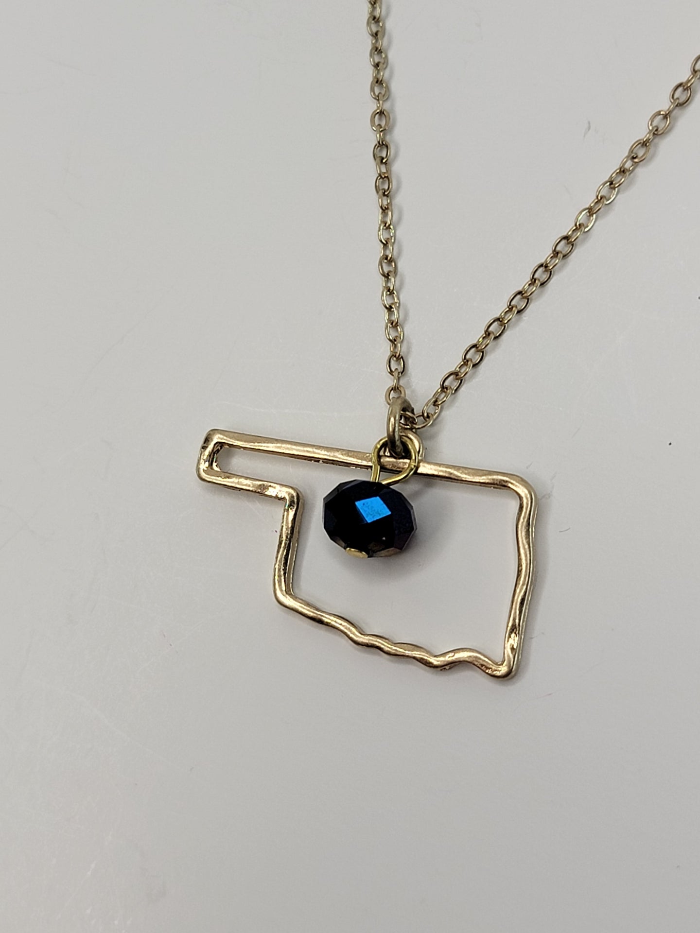Gold Oklahoma Outline Necklace - Blue Crystal