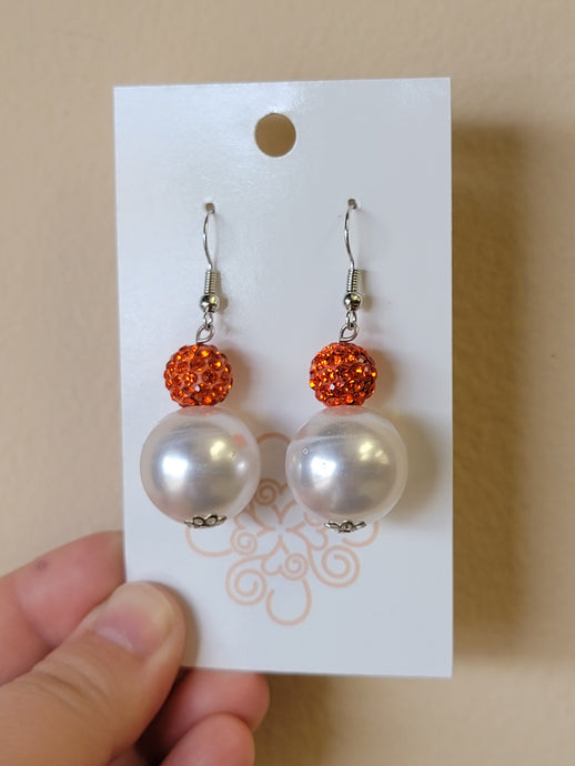 White Pearl & Orange Sparkle Bead Earrings - Large