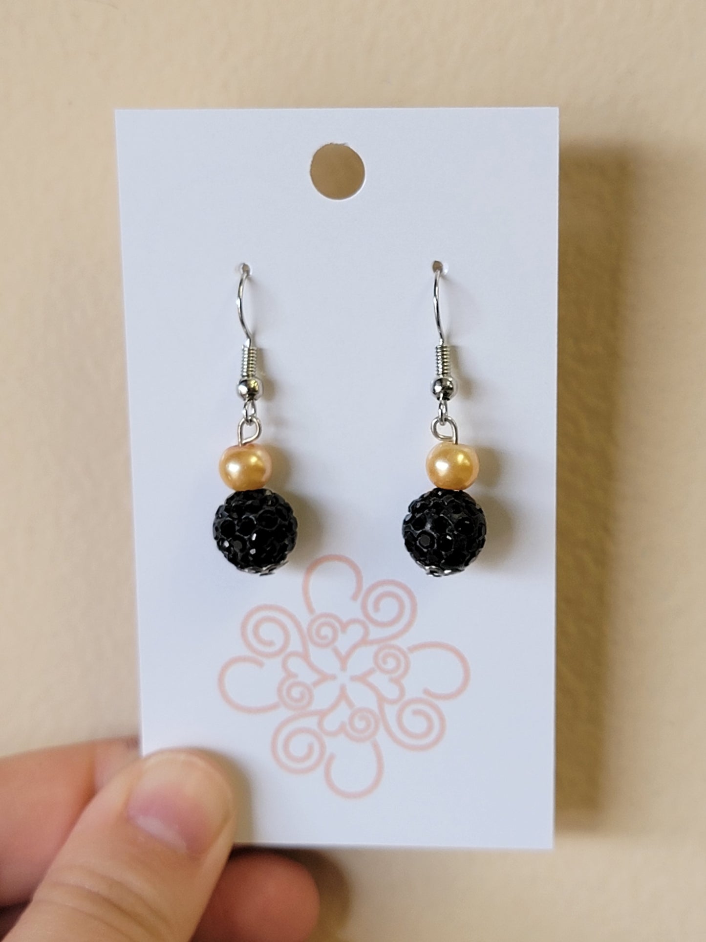 Black Sparkle & Orange Pearl Earrings