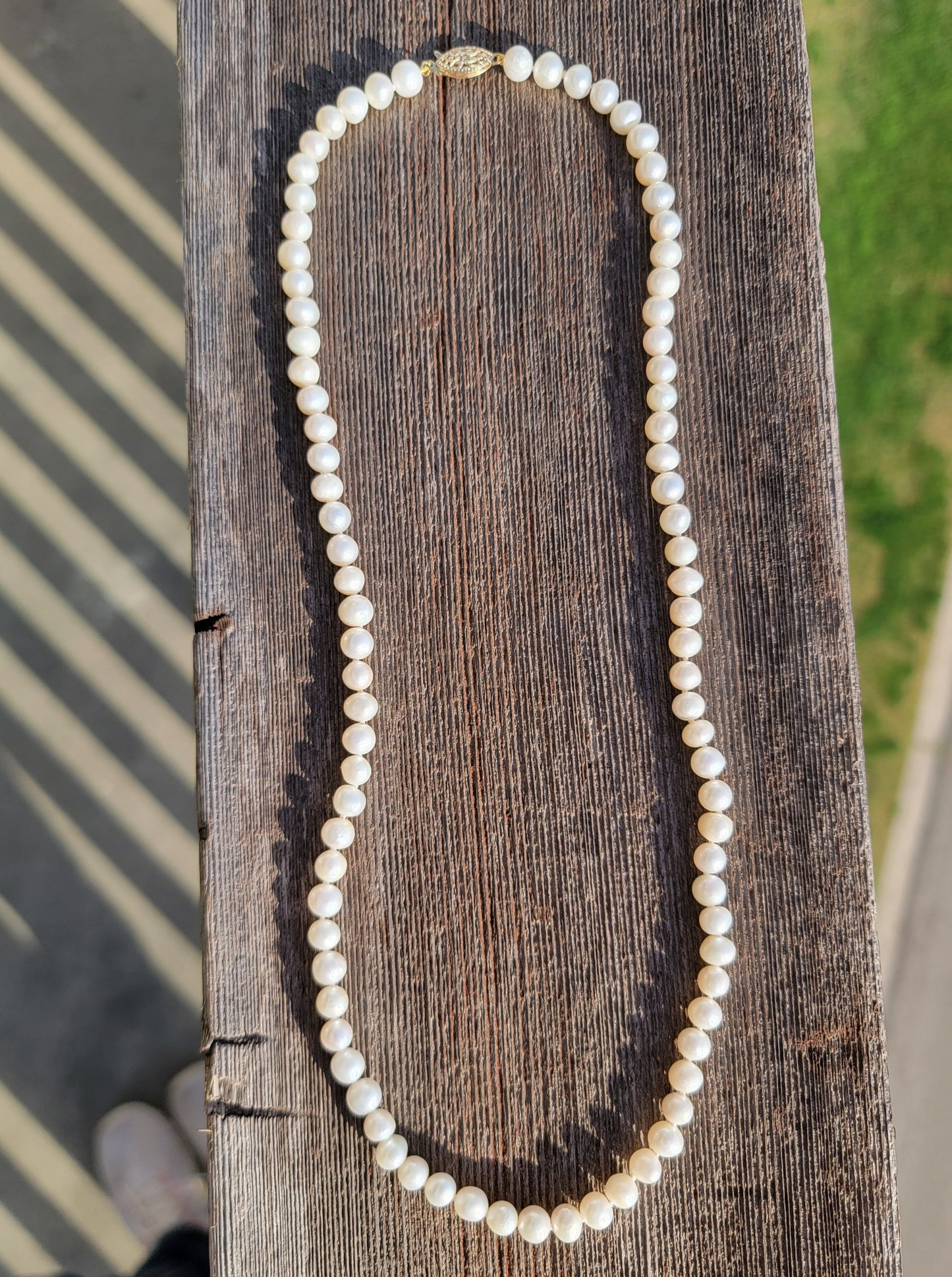 White Pearl Necklace - Handtied Freshwater Pearls - Gold Fill Hook Clasp - 100% Silk