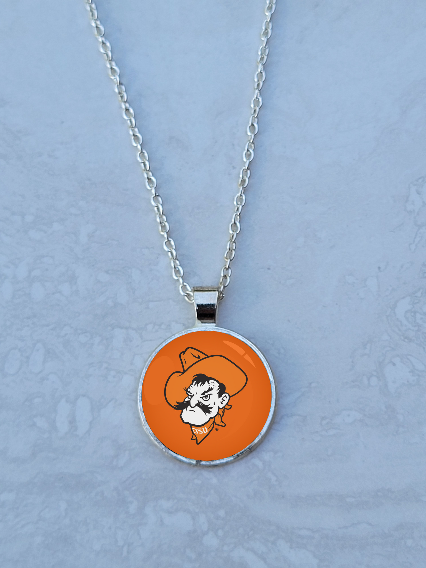 OSU, Orange, Silver 1" Round Necklace - Made to order - Custom Length