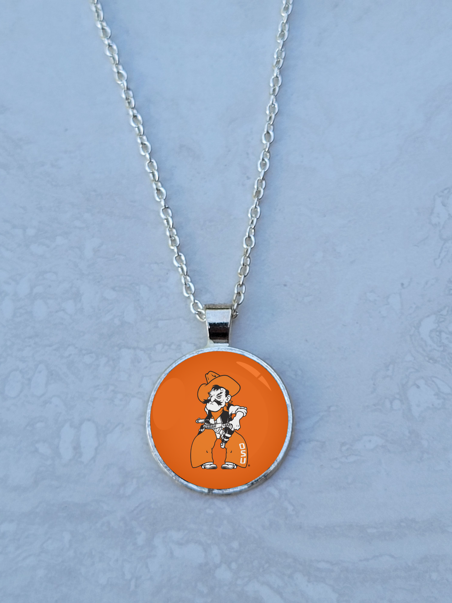 OSU, Orange, Silver 1" Round Necklace - Made to order - Custom Length