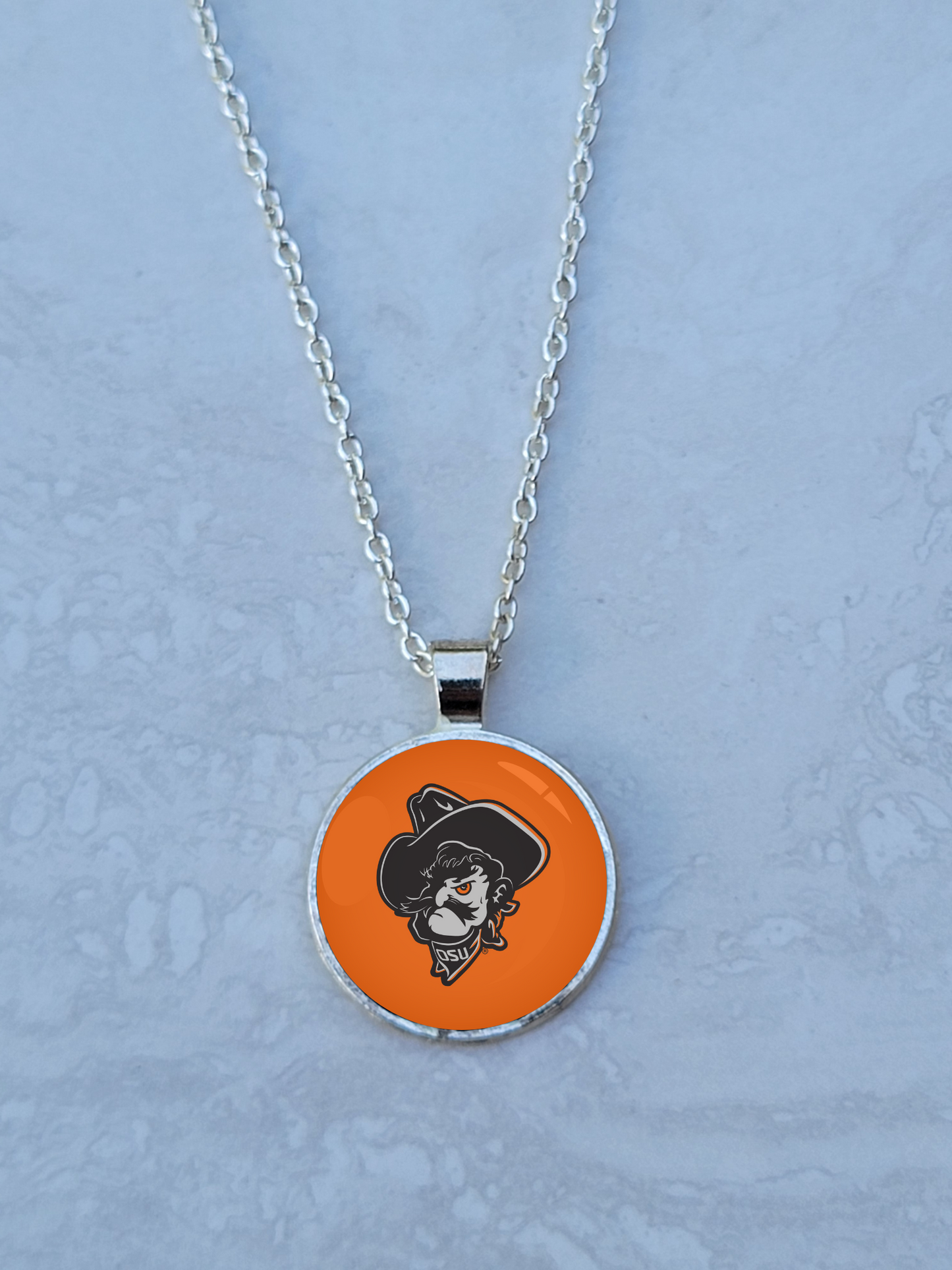 OSU, Orange, Silver 1" Round Necklace - Made to order - Custom Length