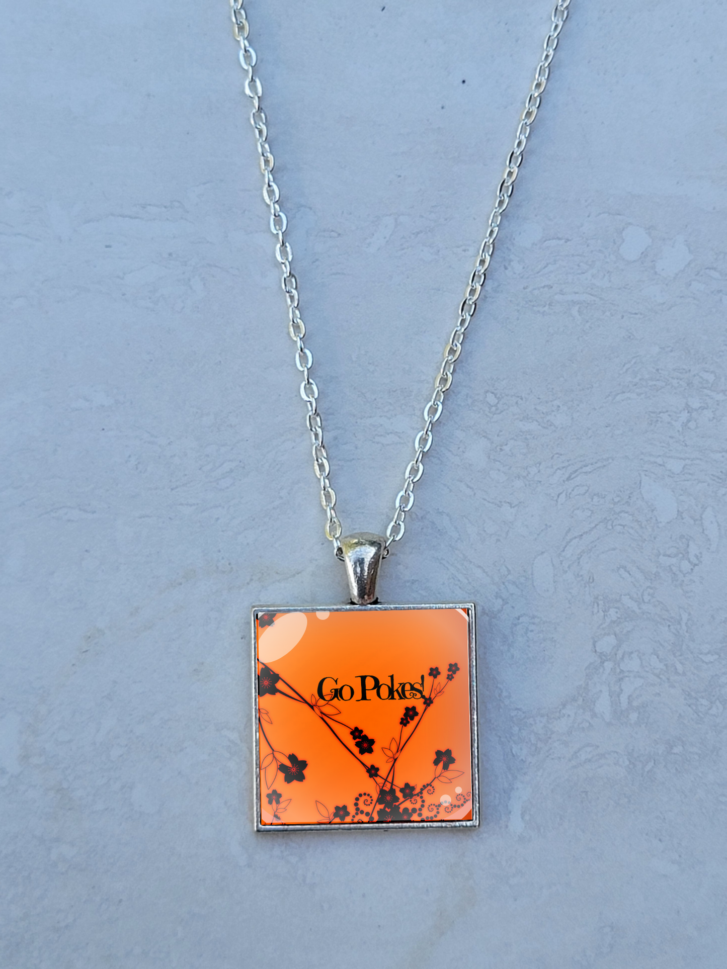 OSU, Orange Floral, Silver 1" Square Necklace - Made to order - Custom Length