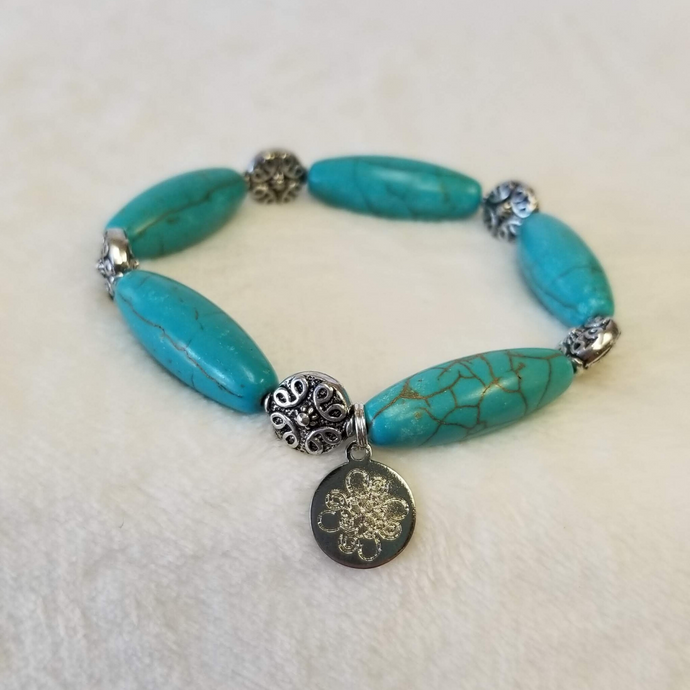 Blue Turquoise & Silver Flower Bracelet - DearBritt